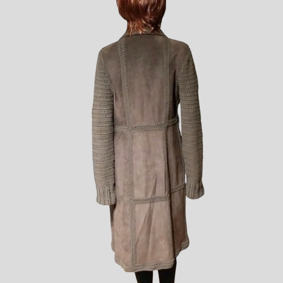 William B Vintage Fall Coat Crochet & Suede Leather / Silk Lined / Sz S / Brown - Picture 5 of 17